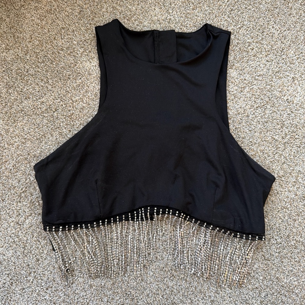 Black Sleeveless Top with Fringe Detail